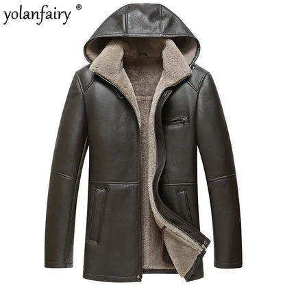 Genuine Leather Sheepskin Coats Thick Hooded