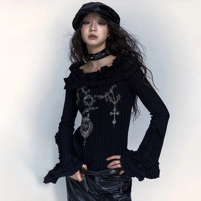 Punk Black Ribbed Tee Shirt Gothic