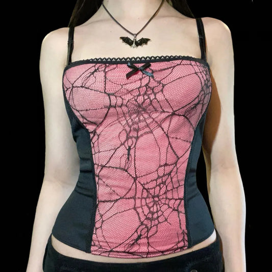 Gothic Cami Tops Women Mesh Spider