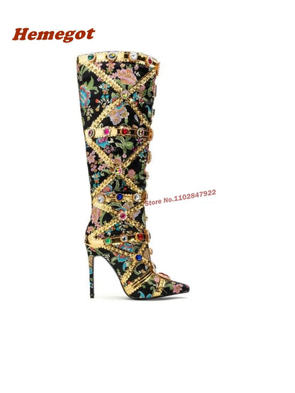 Pointed Toe Knee High Boots for Women Rhinestones Design Gold Bling Luxury Boots Thin High Heeled Fashion Sexy Side Zip Shoes