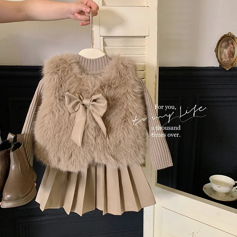 Fashion Woolen Sweater Coat + Leather Skirt