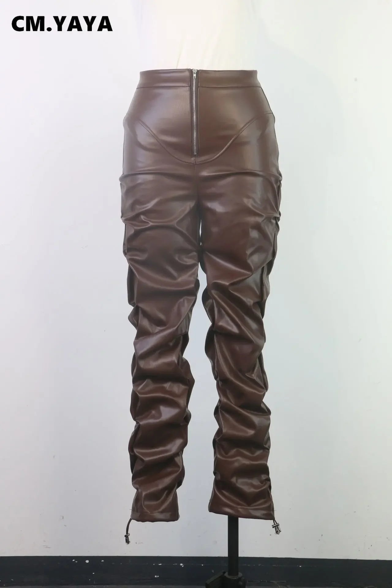 Skinny Full Length Mid PU Leather Pleated Women Bottoms Pants