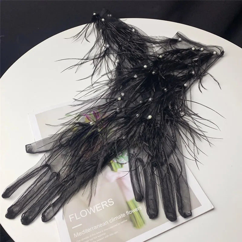 Women's Elegant Black Feather Long Mesh Glove