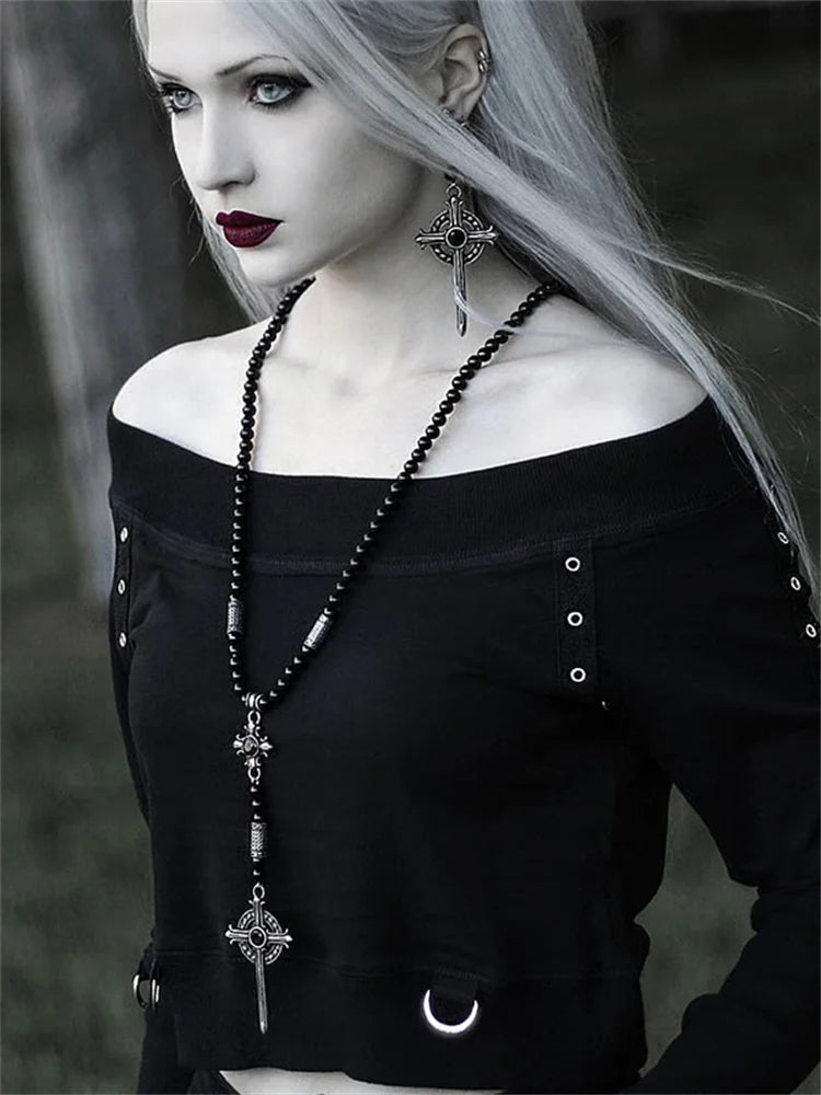 Gothic Punk Slash Neck Crop Top — Y2K Long Sleeve