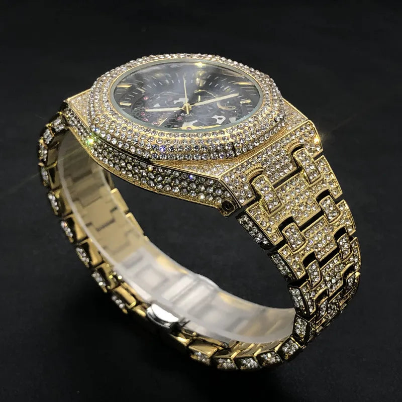 Automatic Watch Bling Diamond Gold For Men