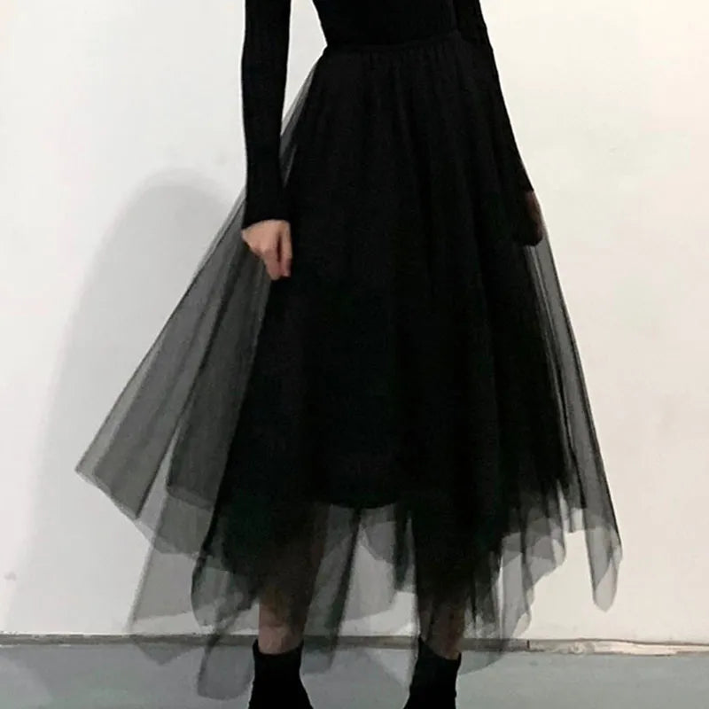 Black Gothic Tulle Midi Skirts