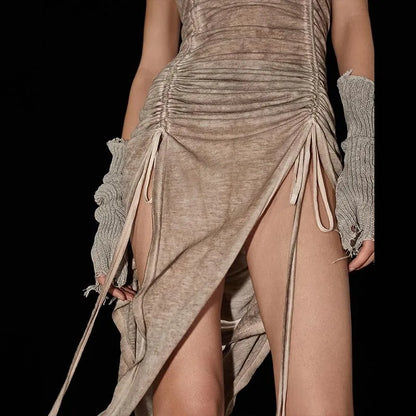 Spring Chic: Pleated Hoodie Dress with High Slit