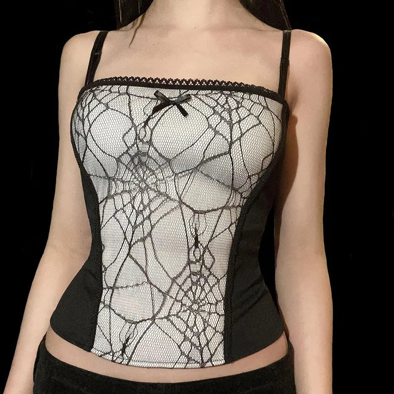 Gothic Cami Tops Women Mesh Spider