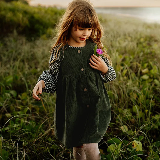 Girls Button Up Corduroy Pinafore Dress