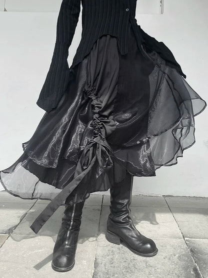 High Elastic Waist Irregular Organza Long Casual Black Half-body Skirt