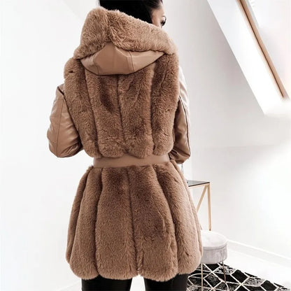 Imitation Fur Coat With Belt Hooded