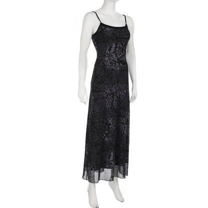 Dark Printed Lace Trim Mesh Dress