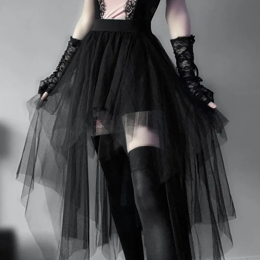 Gothic Mesh High-Waisted Asymmetrical Skirt