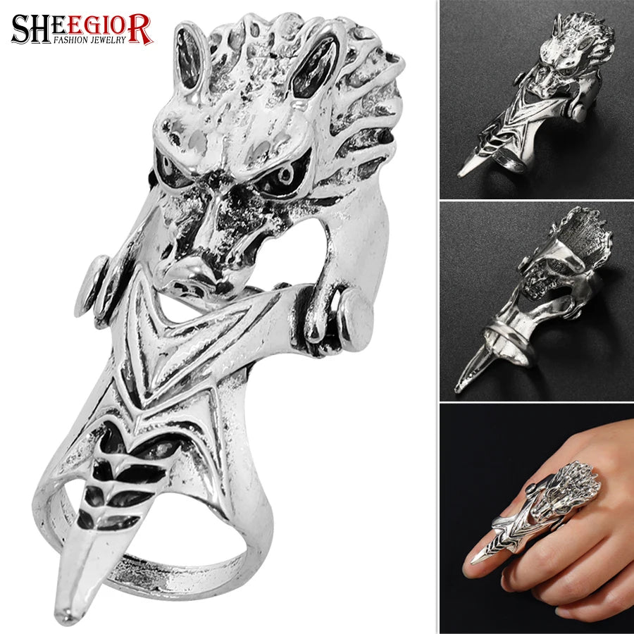 Gothic Knuckle Dragon Rings Vintage Wolf Silvery Armor