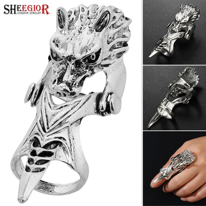 Gothic Knuckle Dragon Rings Vintage Wolf Silvery Armor