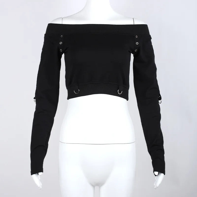 Gothic Punk Slash Neck Crop Top — Y2K Long Sleeve