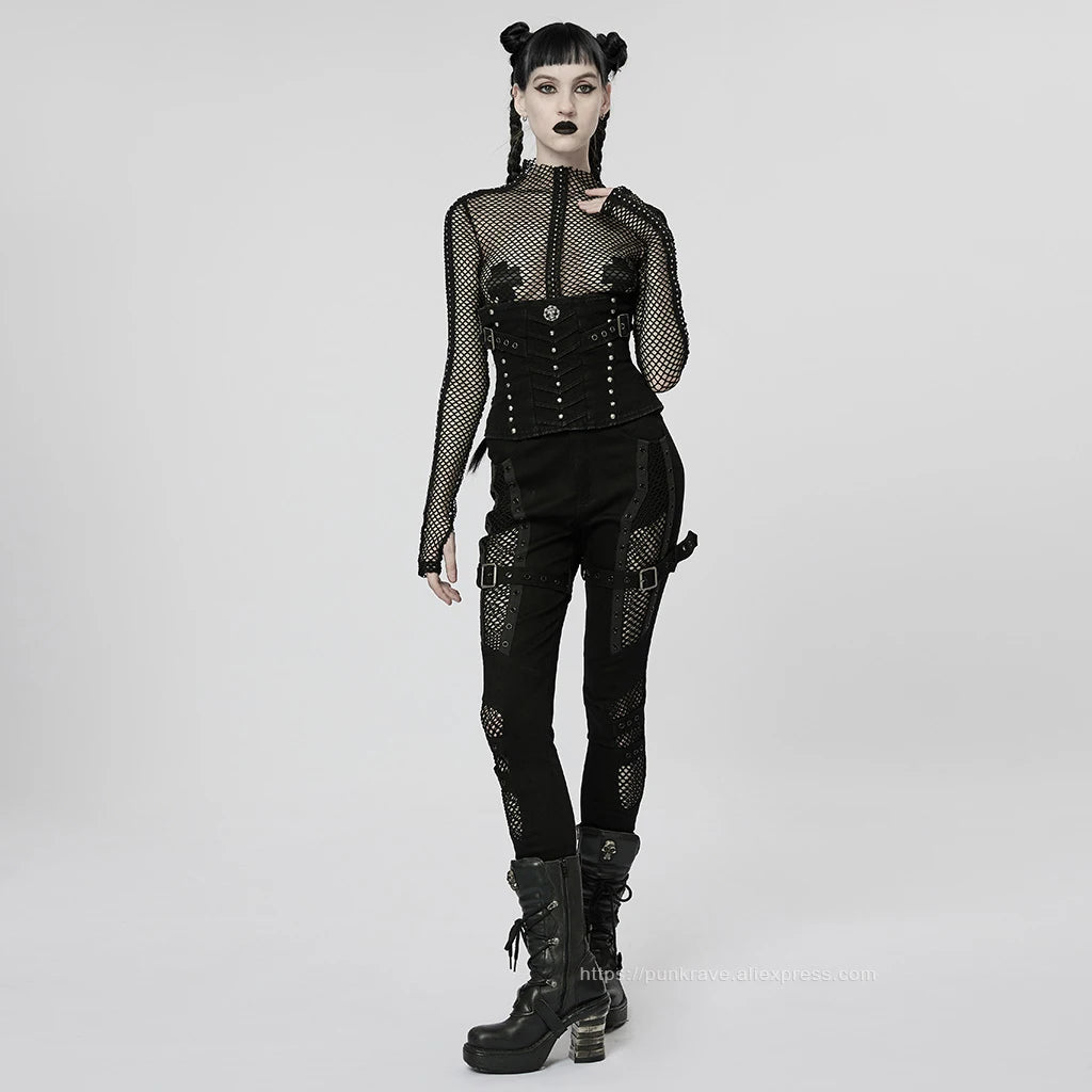 Punk Rave Women's Mesh & Denim Slim Pants