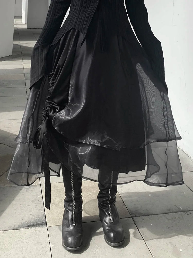 High Elastic Waist Irregular Organza Long Casual Black Half-body Skirt