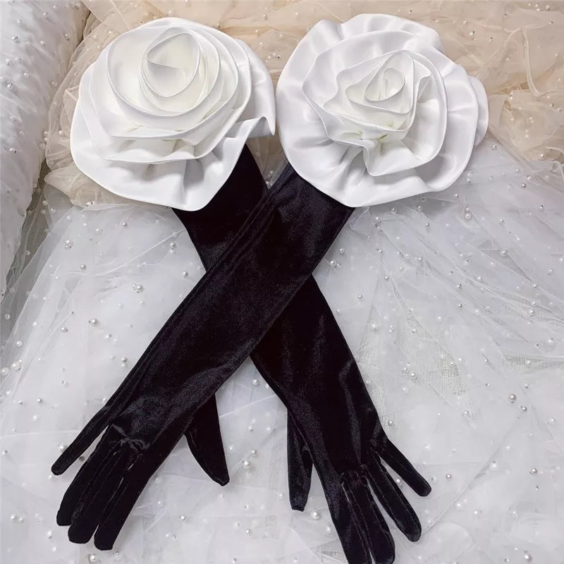 White Flower Long Black Velvet Glove