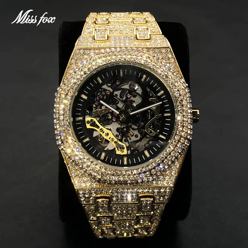 Automatic Watch Bling Diamond Gold For Men