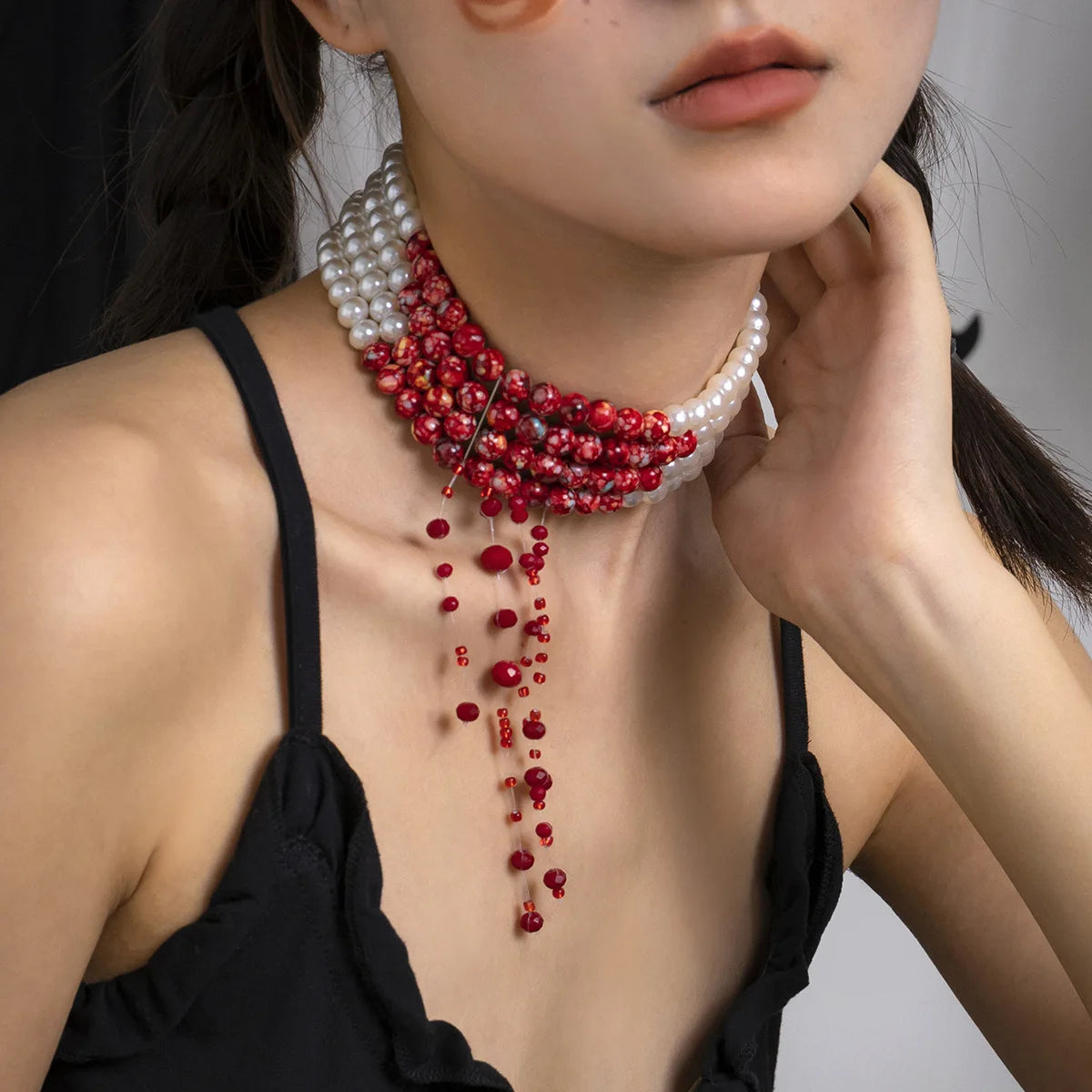 Dripping Blood Imitation Pearls Multi-layer Necklace