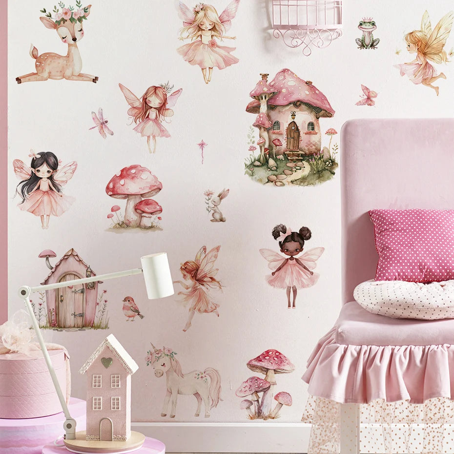 Cartoon Cute Fairy Mushroom House Plant Wall Sticker Flower Elves