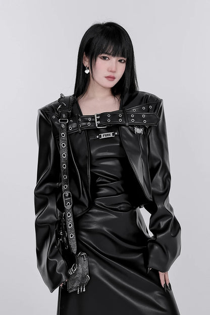 High Quality Black PU Leather Loose Coats