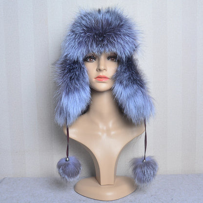 Winter Hat with Ear Real Fox Fur Caps Russian Women