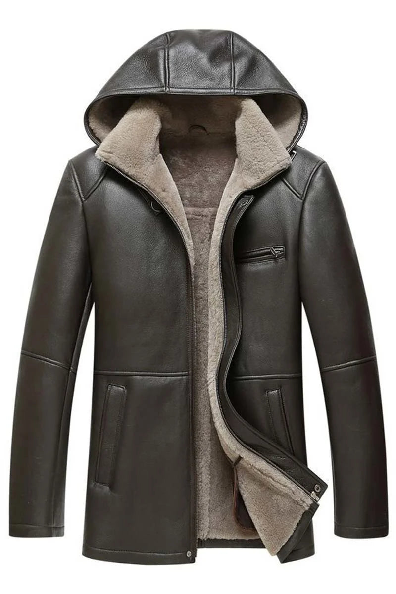 Genuine Leather Sheepskin Coats Thick Hooded