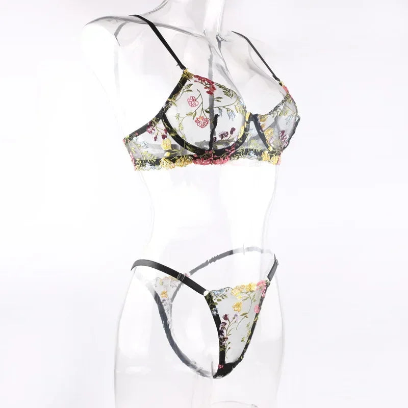 Boho Floral Sheer Lingerie Set: Bra & Panty Duo