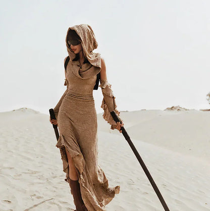 Desert Chic: 2-Piece Hooded Dress & Oversleeves Set