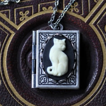 Gothic Cat Cameo Pendant Necklaces for Women Vintage Grimoire Creative Necklace Personalized Page Turnable Book Jewelry