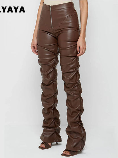 Skinny Full Length Mid PU Leather Pleated Women Bottoms Pants