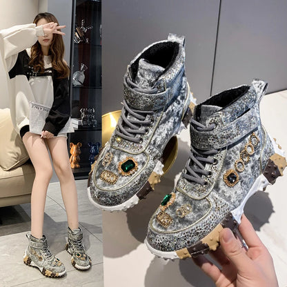 Winter Ladies Warm Vulcanized High Top Plus Fashion Rhinestone Decorative Lace-up Women flat shoes Sneakers creepers