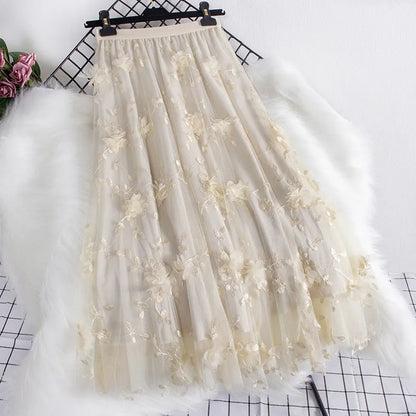 Three-dimensional Floral Decorated Long Mesh Skirts
