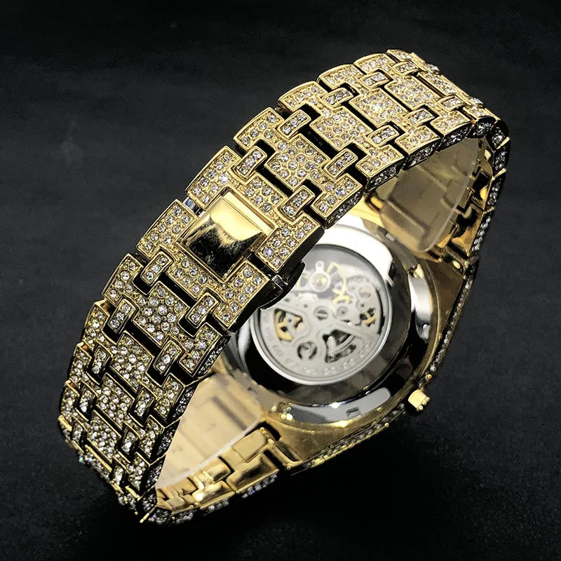 Automatic Watch Bling Diamond Gold For Men