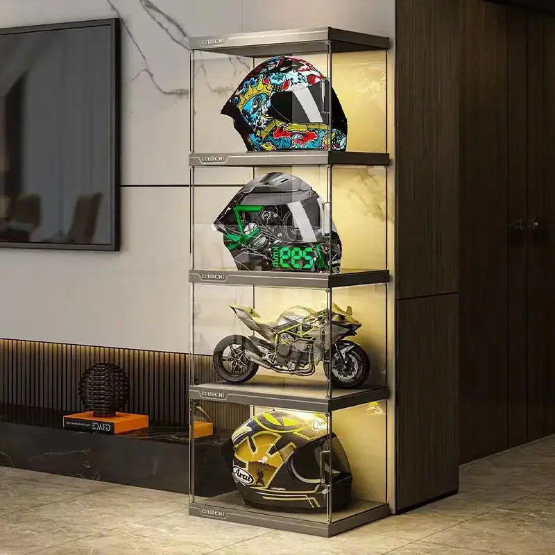 Transparent Storage Boxes Helmet Storage Shelf Rack Corner Cabinet