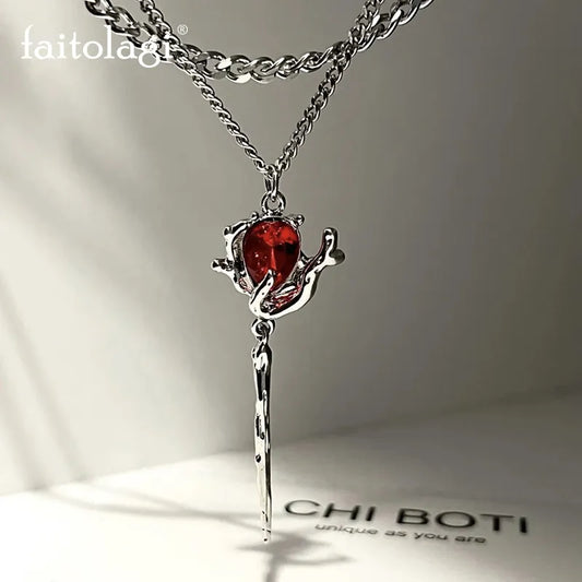 Red Zircon Rose Pendant Necklace