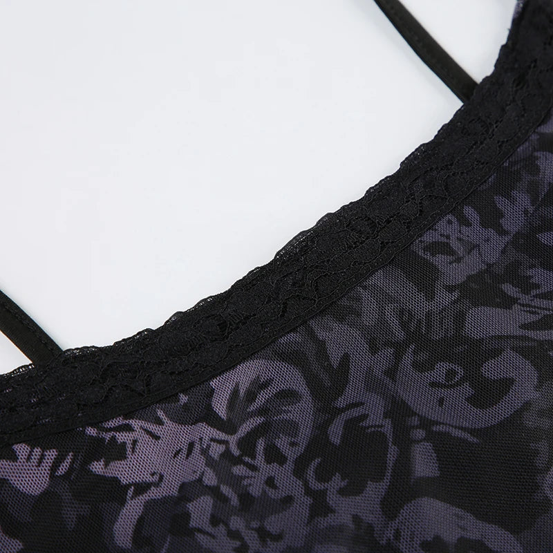 Dark Printed Lace Trim Mesh Dress