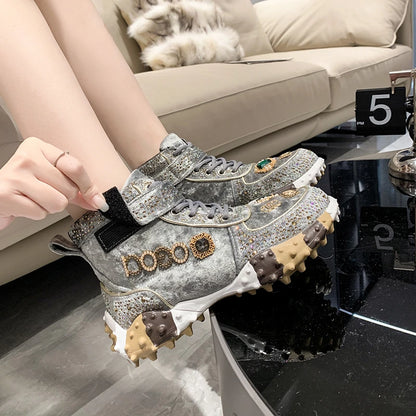 Winter Ladies Warm Vulcanized High Top Plus Fashion Rhinestone Decorative Lace-up Women flat shoes Sneakers creepers