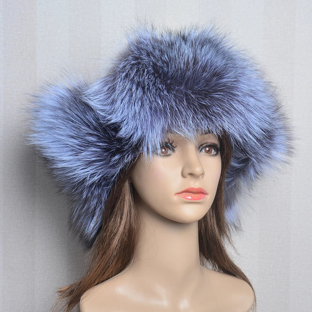 Winter Hat with Ear Real Fox Fur Caps Russian Women