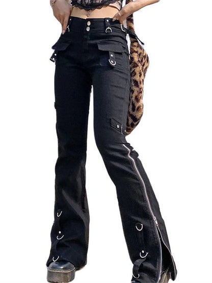 Punk Rivets Zipper Black Cargo Pants