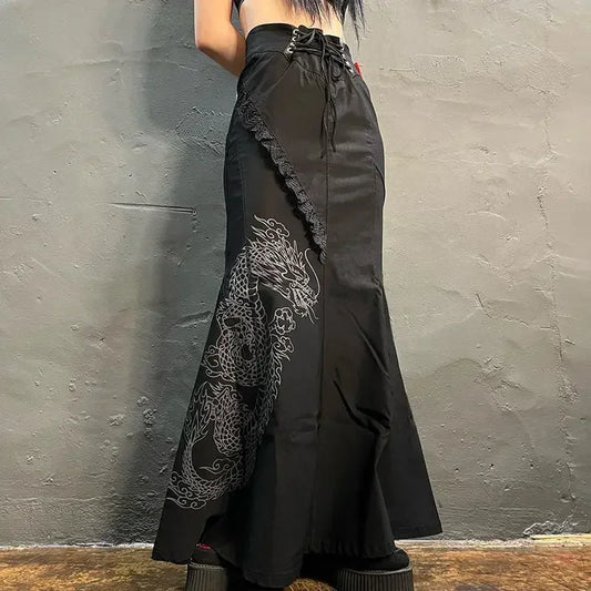 Gothic Dragon Punk Print Black Maxi Skirts