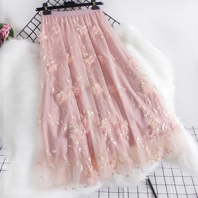 Three-dimensional Floral Decorated Long Mesh Skirts