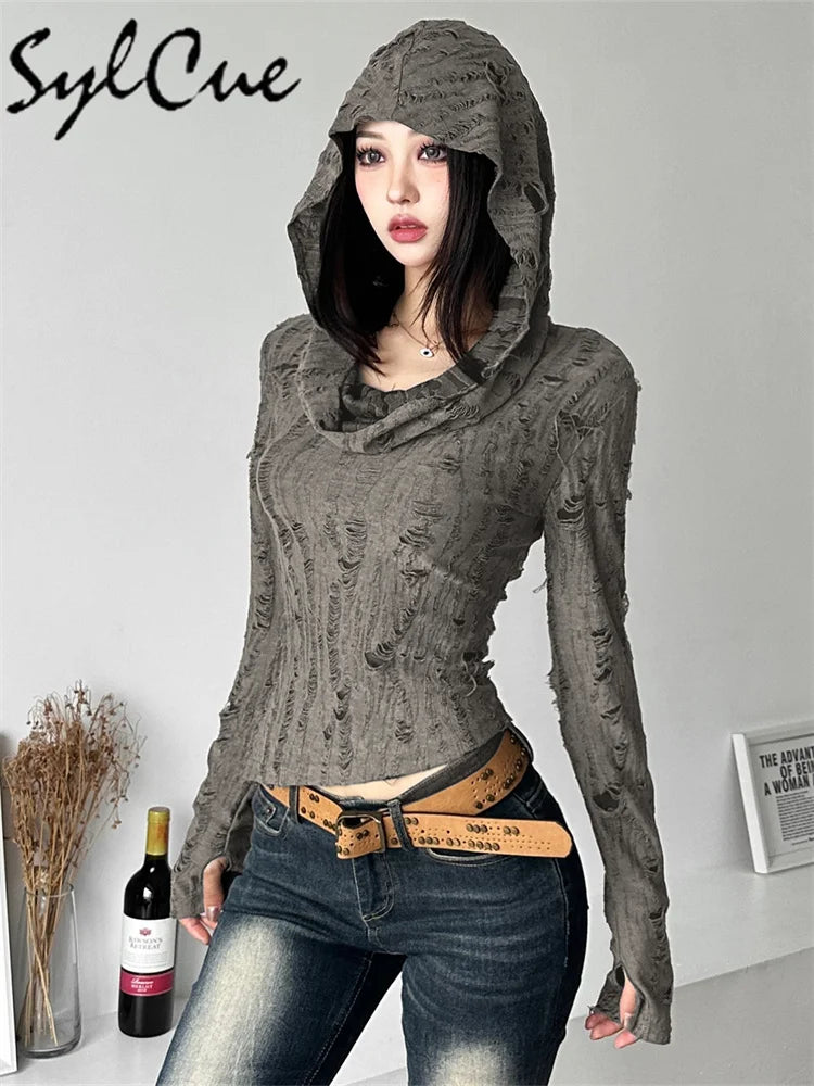 Distressed Hollow Retro Thin Hooded Top