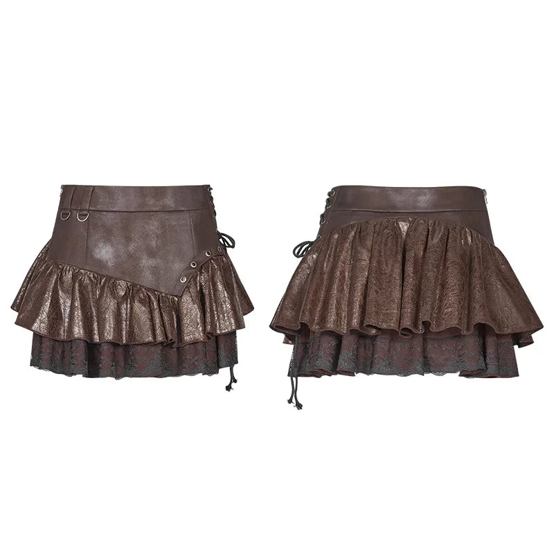 Ruffles Pu Leather A-Line Miniskirt