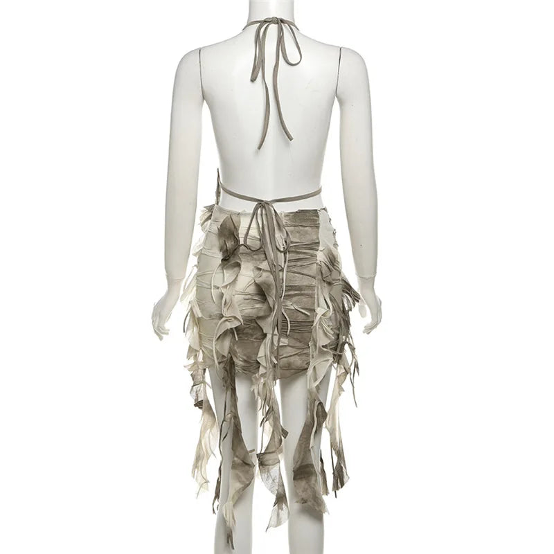 Retro Gradient Summer Halter Dress with Tassels
