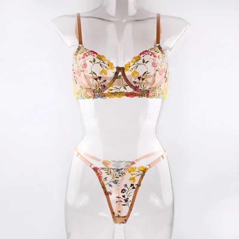 Boho Floral Sheer Lingerie Set: Bra & Panty Duo