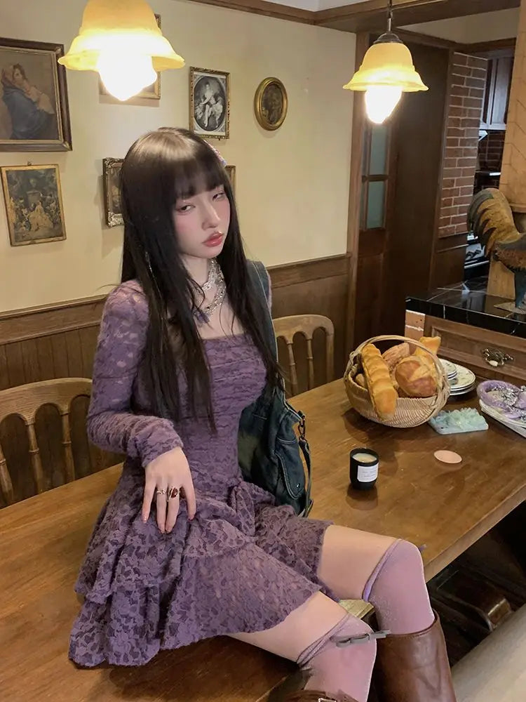 Lace-Inspired Slim-Waist Y2K Tunic Dress