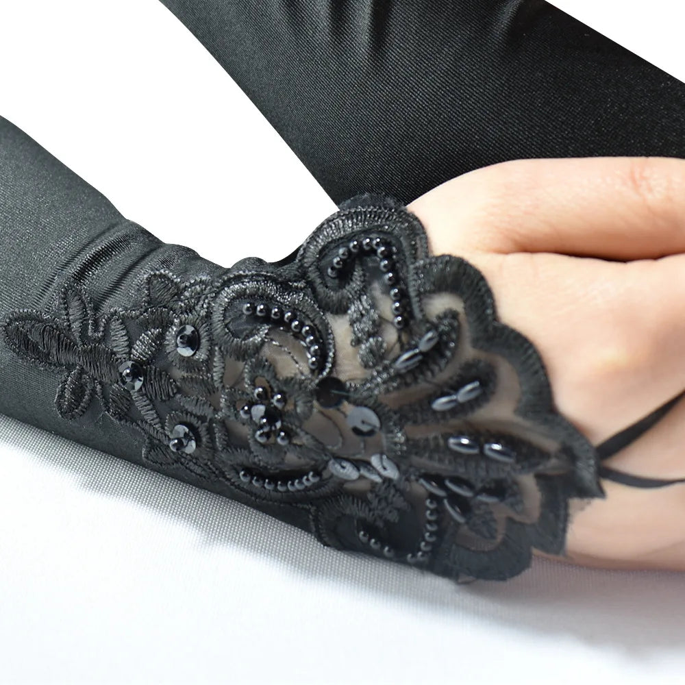 Long Satin Lace Embroidery Hook Finger Gloves